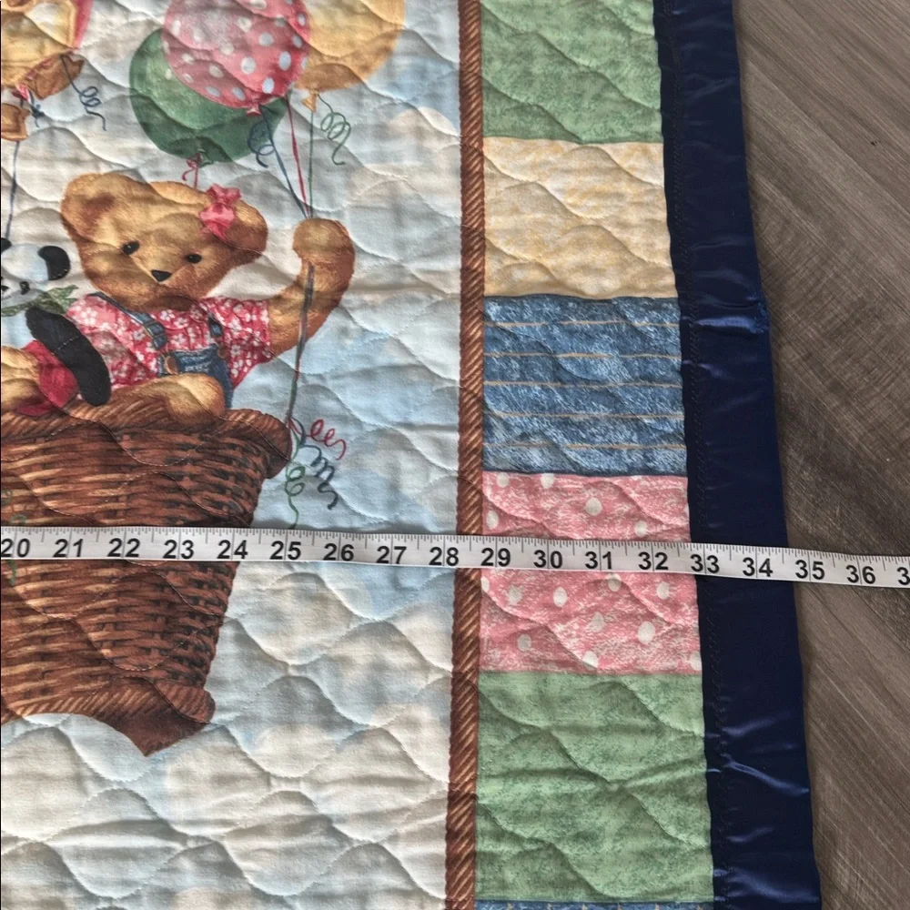 Blue Jean Teddy Bear baby quilt handmade blanket balloon ride vintage nursery